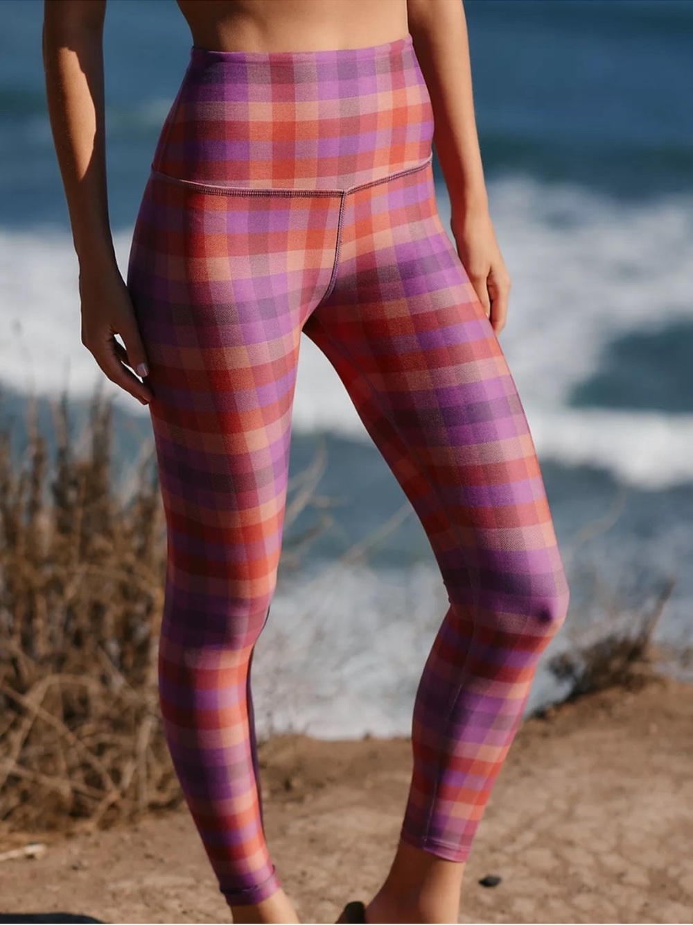 Beyond Yoga Caught In The Midi High-Waisted Leggings Pink Orange Plaid Large